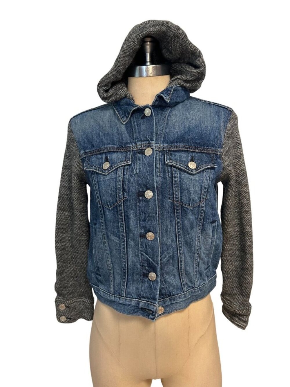 Rag And Bone Jacket Blue Denim & Wool Sleeves Hooded Small Fits XS